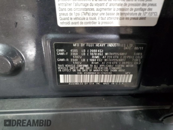 2012 Subaru Outback Prem с VIN 4S4BRBHC0C3200240, выставлен на аукционе Copart как лот 59870125 с пробегом 133 786 миль миль и Списание • Salvage title. История ставок и продаж доступна на DreamBid. Изображение 13.
