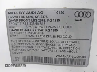 2020 Audi Q5 Premium with VIN WA1ANAFY3L2064383, listed as a IAAI auction lot 42100480 with 51,123 mi miles and . Bid and sale history available at DreamBid. Image 9.