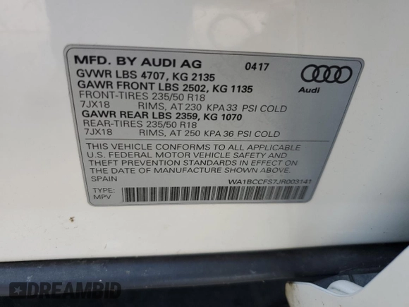 2018 Audi Q3 Premium z VIN WA1BCCFS7JR003141, wystawiony jako Copart lot #55787985 z przebiegiem 53 193 mil mil oraz Szkoda całkowita • Salvage title. Historia ofert i sprzedaży dostępna na DreamBid. Obrazek 14.