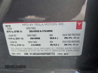 2016 Tesla Model X P90D with VIN 5YJXCAE45GF000773, listed as a IAAI auction lot 42052642 with 127,670 mi miles. Bid and sale history available at carsss.com. Image 9.