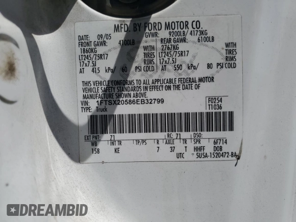 2006 Ford F-250 XL with VIN 1FTSX20586EB32799, listed as a Copart auction lot 57609635 with 272,580 mi miles and Salvage title. Bid and sale history available at DreamBid. Image 12.