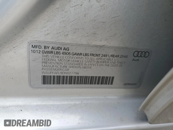 2013 Audi A4 Premium Plus with VIN WAUFFAFL9DN027798, listed as a Copart auction lot 56039275 with 160,521 mi miles and Non repairable. Bid and sale history available at DreamBid. Image 12.
