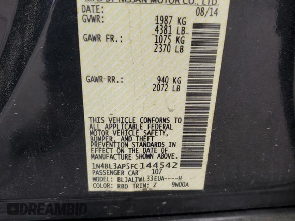 2015 Nissan Altima SL с VIN 1N4BL3AP5FC144542, выставлен на аукционе Copart как лот 54200385 с пробегом 228 162 миль миль и Списание • Salvage title. История ставок и продаж доступна на DreamBid. Изображение 12.