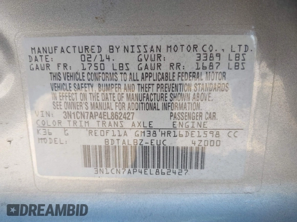 2014 Nissan Versa SV with VIN 3N1CN7AP4EL862427, listed as a IAAI auction lot 41435904 with 95,192 mi miles. Bid and sale history available at carsss.com. Image 9.