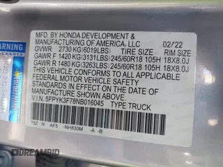 2022 Honda Ridgeline RTL-E with VIN 5FPYK3F78NB016045, listed as a IAAI auction lot 41626864 with 57,130 mi miles and . Bid and sale history available at DreamBid. Image 9.