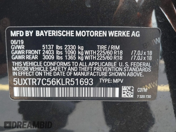 2019 BMW X3 sDrive30i z VIN 5UXTR7C56KLR51693, wystawiony jako IAAI lot #42193586 z przebiegiem 77 340 mil mil oraz . Historia ofert i sprzedaży dostępna na DreamBid. Obrazek 9.