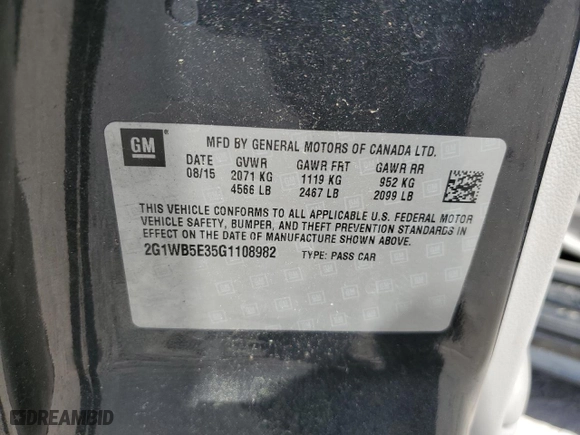 2016 Chevrolet Impala Limited LT with VIN 2G1WB5E35G1108982, listed as a Copart auction lot 52807765 with 72,889 mi miles and Clean Title. Bid and sale history available at carsss.com. Image 12.