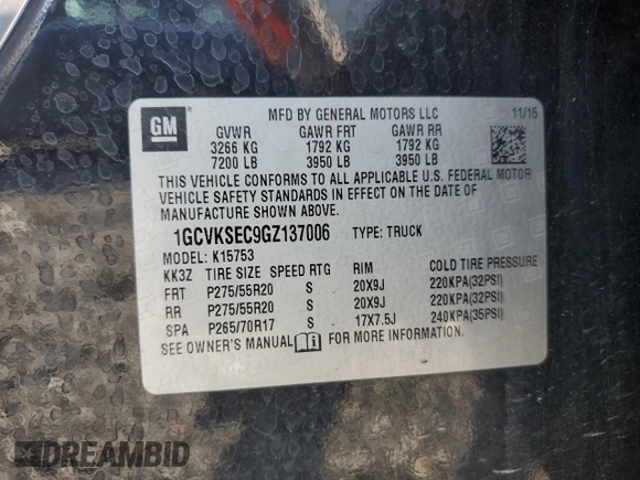 2016 Chevrolet Silverado 1500 LTZ with VIN 1GCVKSEC9GZ137006, listed as a Copart auction lot 73089534 with 129,980 mi miles and Salvage Title. Bid and sale history available at carsss.com. Image 12.