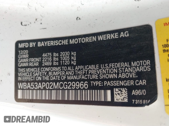 2021 BMW 4 Series 430i с VIN WBA53AP02MCG29966, выставлен на аукционе IAAI как лот 41013210 с пробегом Не указан миль и . История ставок и продаж доступна на DreamBid. Изображение 9.