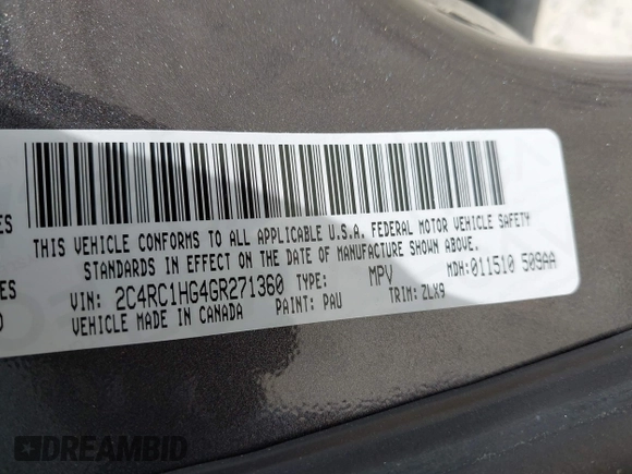 2016 Chrysler Town & Country S with VIN 2C4RC1HG4GR271360, listed as a IAAI auction lot 42114489 with 140,439 mi miles. Bid and sale history available at carsss.com. Image 9.