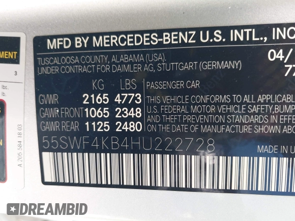 2017 Mercedes-Benz C 300 with VIN 55SWF4KB4HU222728, listed as a IAAI auction lot 38335318 with 64,285 mi miles and . Bid and sale history available at carsss.com. Image 9.