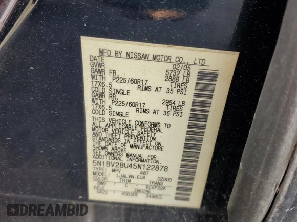 2005 Nissan Quest SL with VIN 5N1BV28U45N122878, listed as a Copart auction lot 79951924 with 157,540 mi miles and Salvage Title. Bid and sale history available at carsss.com. Image 13.