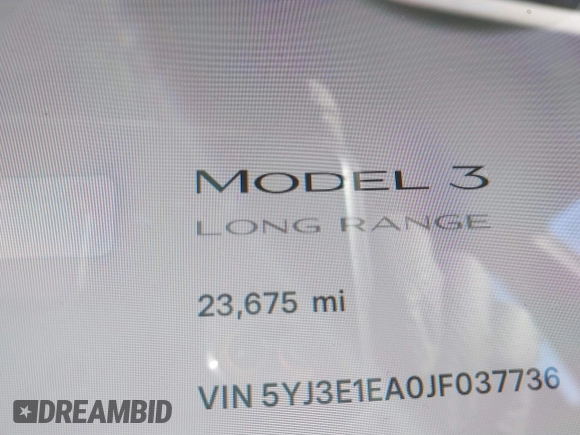 2018 Tesla Model 3 Long Range Battery with VIN 5YJ3E1EA0JF037736, listed as a IAAI auction lot 41423506 with 23,675 mi miles and . Bid and sale history available at DreamBid. Image 14.