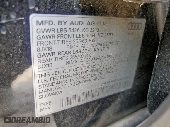 2019 Audi Q7 Premium with VIN WA1AHAF74KD022371, listed as a Copart auction lot 57596815 with 140,650 mi miles and Salvage title. Bid and sale history available at DreamBid. Image 12.