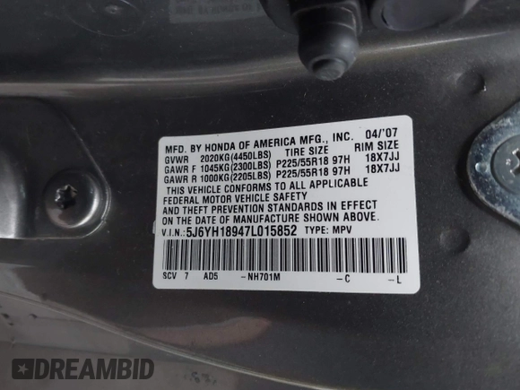 2007 Honda Element SC with VIN 5J6YH18947L015852, listed as a IAAI auction lot 41945173 with 107,071 mi miles and . Bid and sale history available at DreamBid. Image 9.