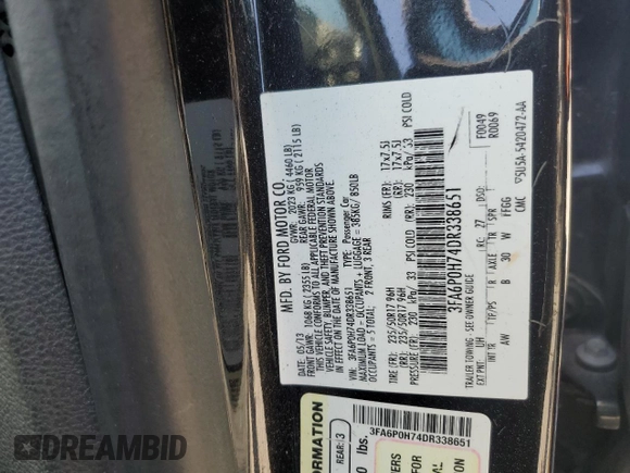 2013 Ford Fusion SE with VIN 3FA6P0H74DR338651, listed as a Copart auction lot 57567125 with Not provided miles and Salvage title. Bid and sale history available at DreamBid. Image 12.