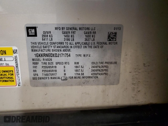 2013 GMC Acadia SLE z VIN 1GKKRNEDXDJ171754, wystawiony jako Copart lot #49297485 z przebiegiem 239 506 mil mil oraz Szkoda całkowita • Salvage title. Historia ofert i sprzedaży dostępna na DreamBid. Obrazek 14.
