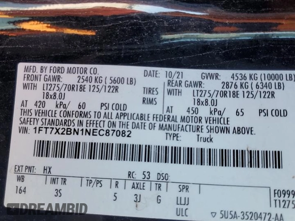 2022 Ford F-250 XL with VIN 1FT7X2BN1NEC87082, listed as a Copart auction lot 49401705 with Not Provided miles and Salvage Title. Bid and sale history available at DreamBid. Image 14.