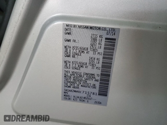 2014 Nissan Pathfinder SL with VIN 5N1AR2MN4EC715781, listed as a Copart auction lot 53266855 with 131,252 mi miles and Clean Title. Bid and sale history available at DreamBid. Image 13.