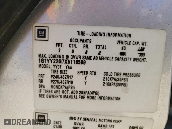 1999 Chevrolet Corvette with VIN 1G1YY22G7X5118599, listed as a Copart auction lot 56498334 with 0 mi miles and Salvage Title. Bid and sale history available at carsss.com. Image 12.
