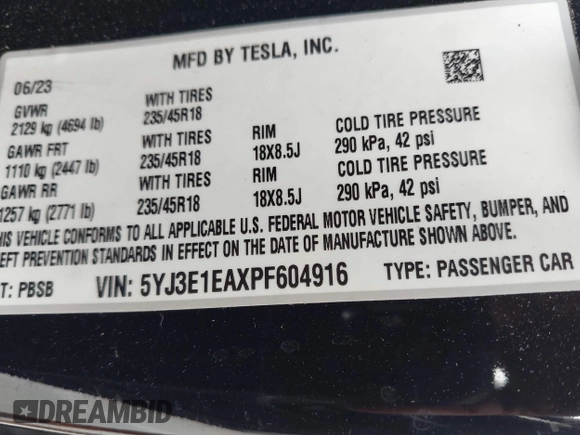 2023 Tesla Model 3 z VIN 5YJ3E1EAXPF604916, wystawiony jako IAAI lot #42461640 z przebiegiem 28 123 mil mil oraz . Historia ofert i sprzedaży dostępna na DreamBid. Obrazek 9.
