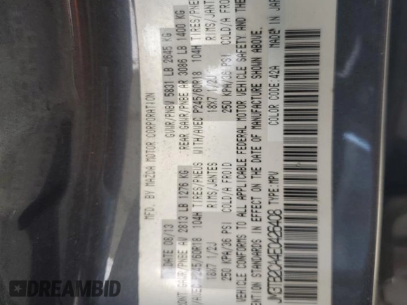 2014 Mazda CX-9 Touring with VIN JM3TB2CA4E0426408, listed as a Copart auction lot 51597665 with 147,862 mi miles and Salvage title. Bid and sale history available at DreamBid. Image 13.