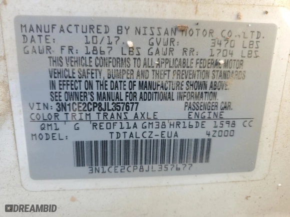 2018 Nissan Versa Note S with VIN 3N1CE2CP8JL357677, listed as a Copart auction lot 81275944 with 0 mi miles and Salvage Title. Bid and sale history available at carsss.com. Image 12.