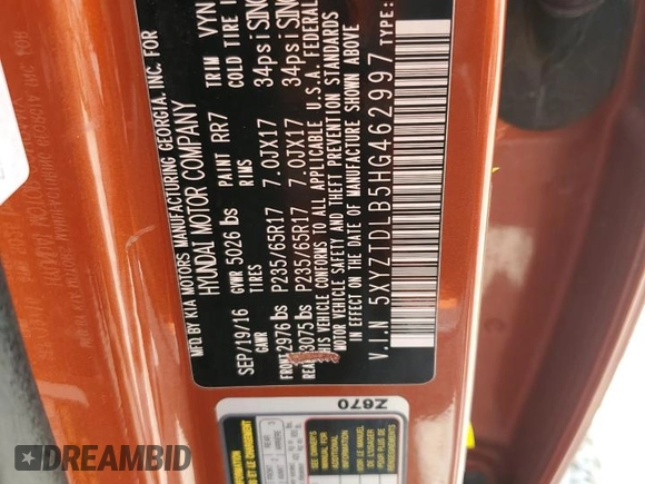 2017 Hyundai Santa Fe 2.4L with VIN 5XYZTDLB5HG462997, listed as a Copart auction lot 63673565 with 176,556 mi miles and Clean title. Bid and sale history available at DreamBid. Image 13.