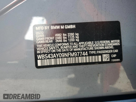 2022 BMW M3 Competition xDrive with VIN WBS43AY09NFM97744, listed as a Copart auction lot 72728864 with 7,724 mi miles and Salvage title. Bid and sale history available at DreamBid. Image 12.