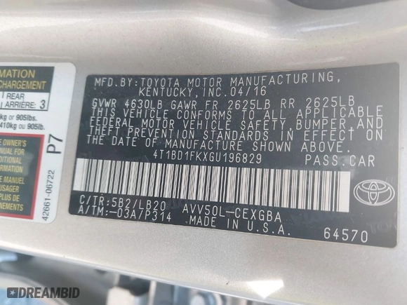 2016 Toyota Camry Hybrid LE with VIN 4T1BD1FKXGU196829, listed as a IAAI auction lot 38160003 with 339,752 mi miles. Bid and sale history available at carsss.com. Image 9.