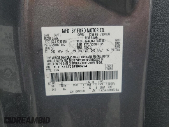 2011 Ford F-150 XL with VIN 1FTFX1ET9BFB60294, listed as a Copart auction lot 49955825 with 161,724 mi miles and Clean Title. Bid and sale history available at carsss.com. Image 12.