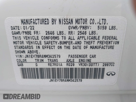 2022 Infiniti Q50 Luxe with VIN JN1EV7BR4NM342579, listed as a IAAI auction lot 42503631 with 13,633 mi miles and . Bid and sale history available at DreamBid. Image 9.
