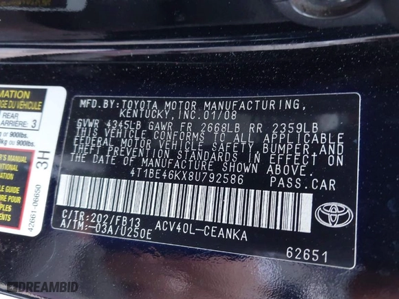 2008 Toyota Camry LE with VIN 4T1BE46KX8U792586, listed as a IAAI auction lot 41863089 with 190,976 mi miles. Bid and sale history available at carsss.com. Image 9.