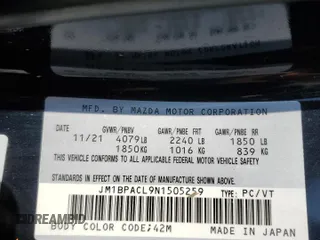 2022 Mazda 3 Carbon Edition with VIN JM1BPACL9N1505259, listed as a Copart auction lot 62248004 with 50,384 mi miles and Salvage Title. Bid and sale history available at DreamBid. Image 12.