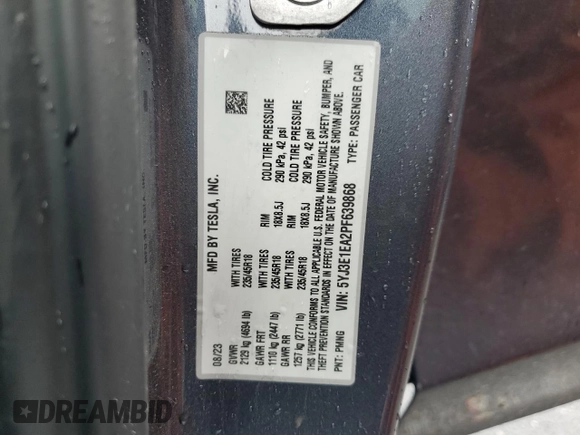 2023 Tesla Model 3 with VIN 5YJ3E1EA2PF639868, listed as a Copart auction lot 49247765 with 19,215 mi miles and Salvage Title. Bid and sale history available at carsss.com. Image 12.