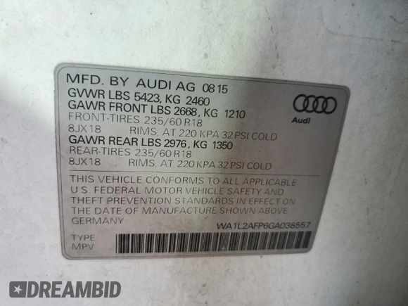 2016 Audi Q5 Premium Plus with VIN WA1L2AFP6GA038557, listed as a Copart auction lot 44621655 with 188,772 mi miles and Clean Title. Bid and sale history available at carsss.com. Image 12.