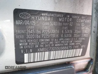 2005 Hyundai Santa Fe GLS with VIN KM8SC73D55U988475, listed as a IAAI auction lot 41779224 with 161,623 mi miles. Bid and sale history available at carsss.com. Image 9.