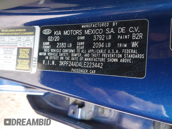 2020 Kia Forte LXS z VIN 3KPF24AD4LE223442, wystawiony jako IAAI lot #42026428 z przebiegiem 81 917 mil mil oraz . Historia ofert i sprzedaży dostępna na DreamBid. Obrazek 9.