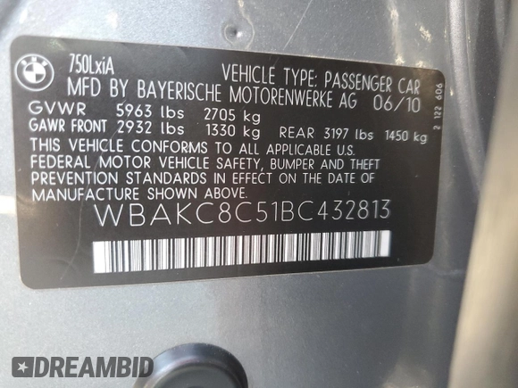 2011 BMW 7 Series 750Li xDrive with VIN WBAKC8C51BC432813, listed as a Copart auction lot 82783204 with 88,541 mi miles and Salvage Title. Bid and sale history available at carsss.com. Image 13.