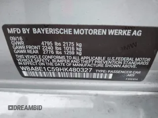 2017 BMW 3 Series 330e iPerformance with VIN WBA8E1C59HK480327, listed as a IAAI auction lot 41809395 with 74,919 mi miles. Bid and sale history available at carsss.com. Image 9.