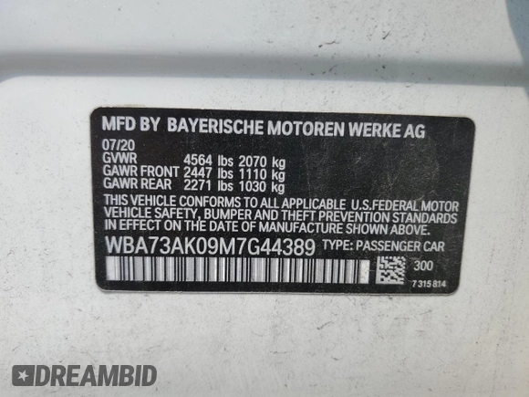 2021 BMW 2 Series 228i xDrive with VIN WBA73AK09M7G44389, listed as a Copart auction lot 59508235 with 43,725 mi miles and Non repairable. Bid and sale history available at DreamBid. Image 12.