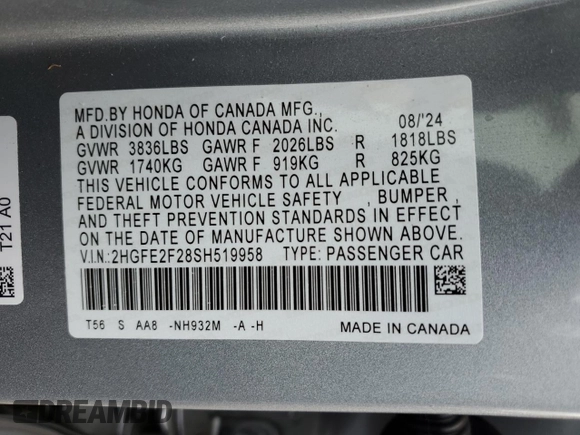 2025 Honda Civic Sedan LX with VIN 2HGFE2F28SH519958, listed as a Copart auction lot 77951444 with 8,157 mi miles and Salvage Title. Bid and sale history available at carsss.com. Image 14.