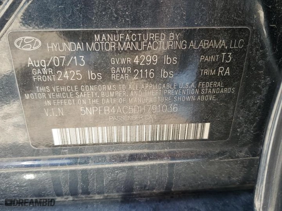 2013 Hyundai Sonata GLS with VIN 5NPEB4AC5DH791036, listed as a Copart auction lot 53425815 with 92,813 mi miles and Salvage Title. Bid and sale history available at carsss.com. Image 12.