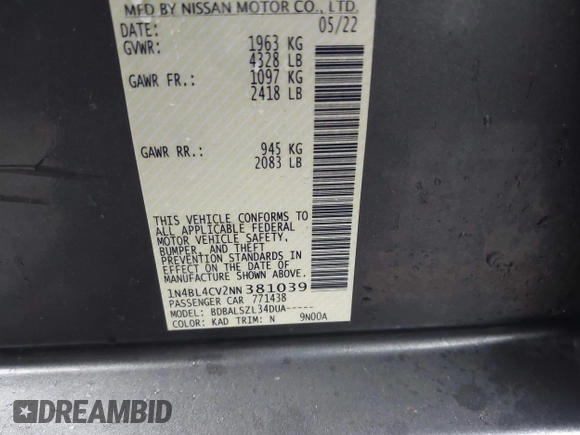 2022 Nissan Altima SR with VIN 1N4BL4CV2NN381039, listed as a IAAI auction lot 41831492 with Not Provided miles and . Bid and sale history available at DreamBid. Image 9.