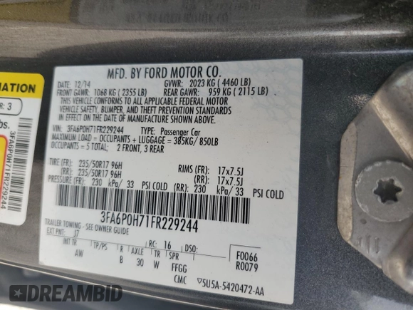 2015 Ford Fusion SE with VIN 3FA6P0H71FR229244, listed as a Copart auction lot 52179565 with 172,268 mi miles and Non repairable. Bid and sale history available at DreamBid. Image 12.