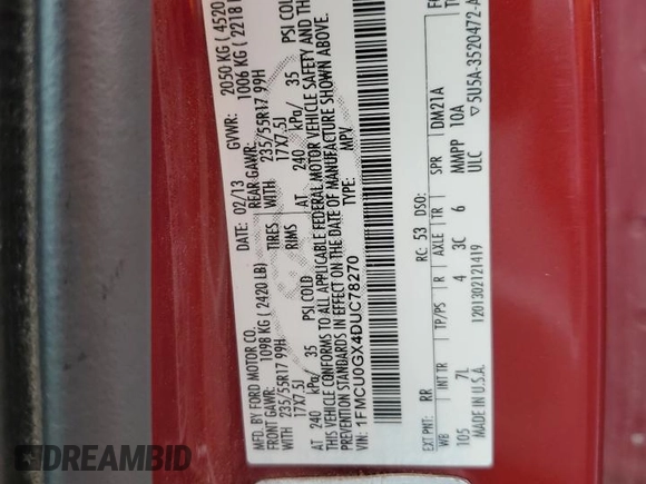 2013 Ford Escape SE with VIN 1FMCU0GX4DUC78270, listed as a Copart auction lot 58935755 with 163,837 mi miles and Salvage title. Bid and sale history available at DreamBid. Image 13.