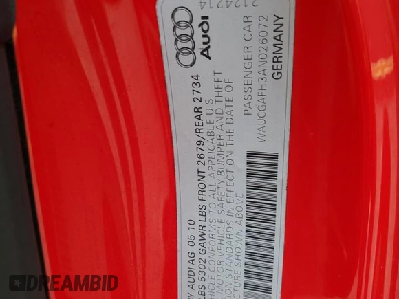 2010 Audi S5 Premium Plus z VIN WAUCGAFH3AN026072, wystawiony jako Copart lot #73323014 z przebiegiem 122 438 mil mil oraz Szkody całkowita. Historia ofert i sprzedaży dostępna na DreamBid. Obrazek 12.