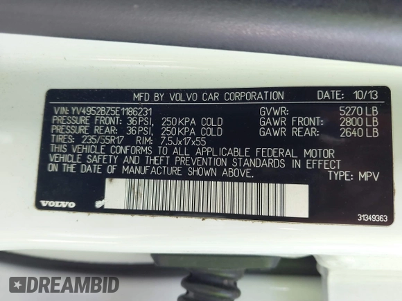 2014 Volvo XC70 3.2L with VIN YV4952BZ5E1186231, listed as a IAAI auction lot 41875901 with 109,875 mi miles and . Bid and sale history available at DreamBid. Image 9.