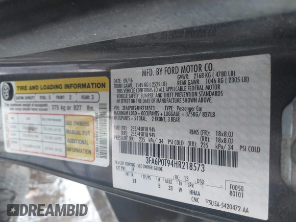 2017 Ford Fusion SE with VIN 3FA6P0T94HR218573, listed as a IAAI auction lot 41480139 with 113,344 mi miles and . Bid and sale history available at DreamBid. Image 9.