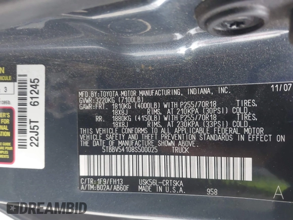 2008 Toyota Tundra z VIN 5TBBV54108S500025, wystawiony jako IAAI lot #41811354 z przebiegiem 131 142 mil mil oraz . Historia ofert i sprzedaży dostępna na DreamBid. Obrazek 9.